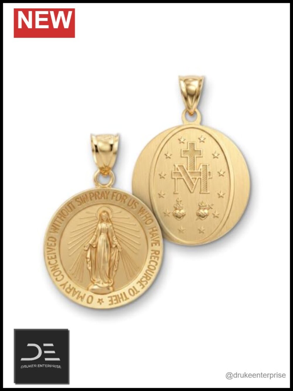 14K Yellow Gold Virgin Mary Medal Pendant for Men Women, Handcrafted Religious